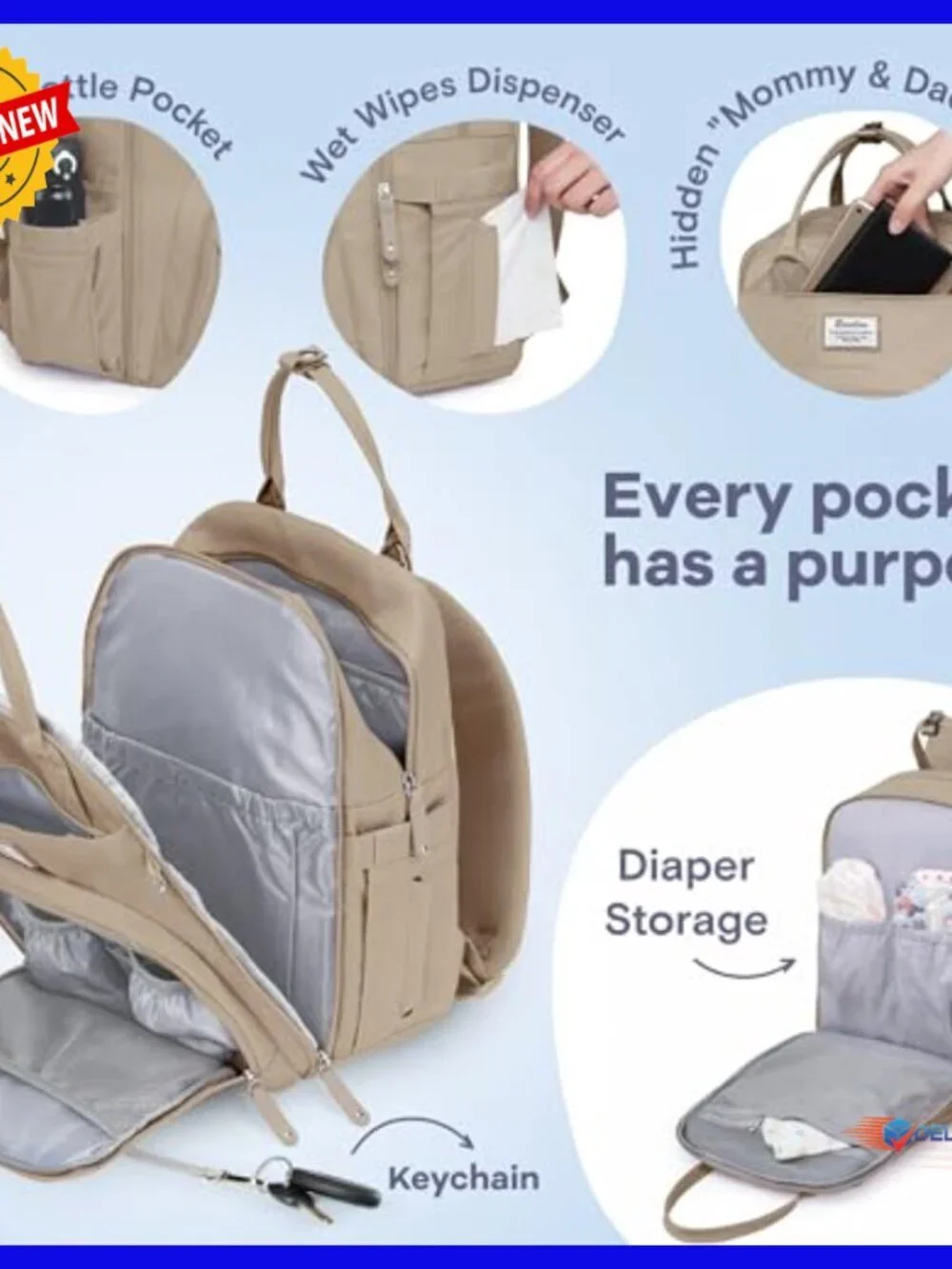 Large Waterproof Diaper Backpack with Changing Pad & Insulated Bottle Pockets